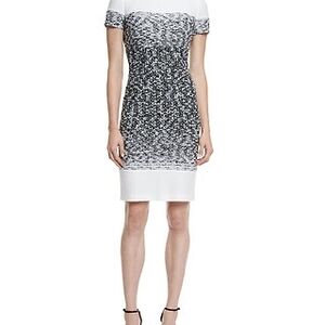 ST. JOHN Wool Blend Papillon Ombre Black White Knit Boat Neck Sheath Dress Sz 10